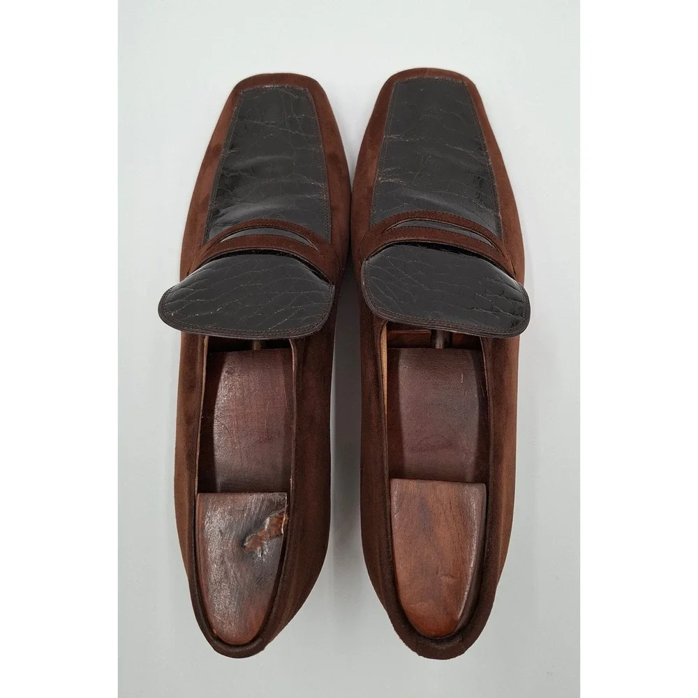 Mauri Mens Brown Suede Crocodile Embossed Leather Loafers Size 8 D Italy Vintage